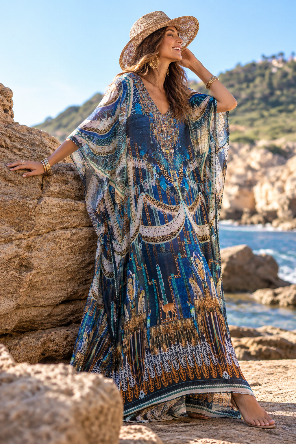 Milana Maya Mix Silk Embellished Bling Kaftan.            Sizes Available AU 12-32