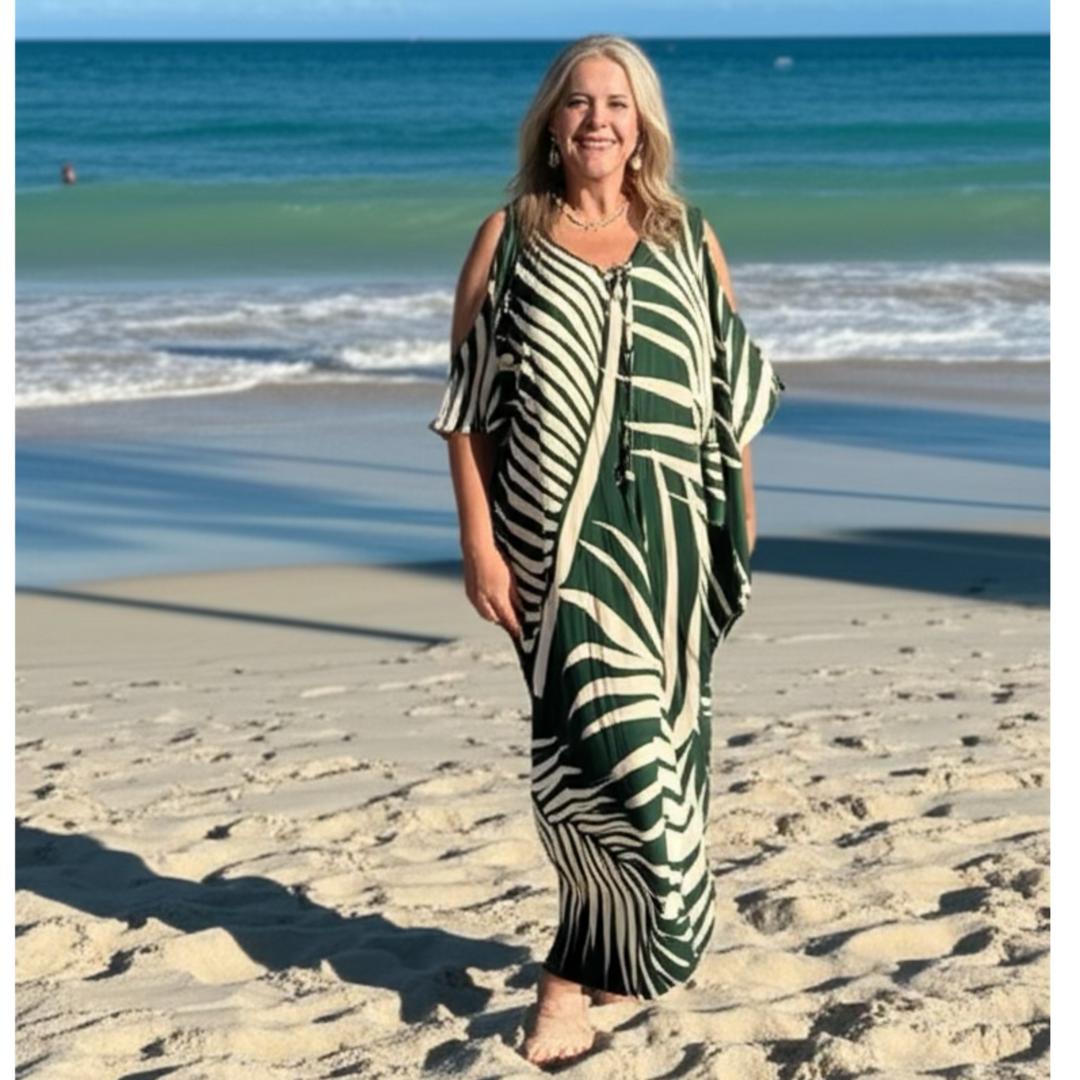 Green Cold Shoulder ASHA Tropical Cotton Rayon Kaftan AU 8-32