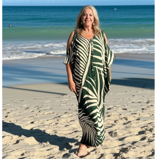 Green Cold Shoulder ASHA Tropical Cotton Rayon Kaftan AU 8-32