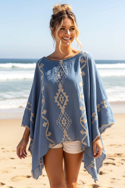 Blue Embroidered Maya Top Tunic Kaftan O/S 14-22