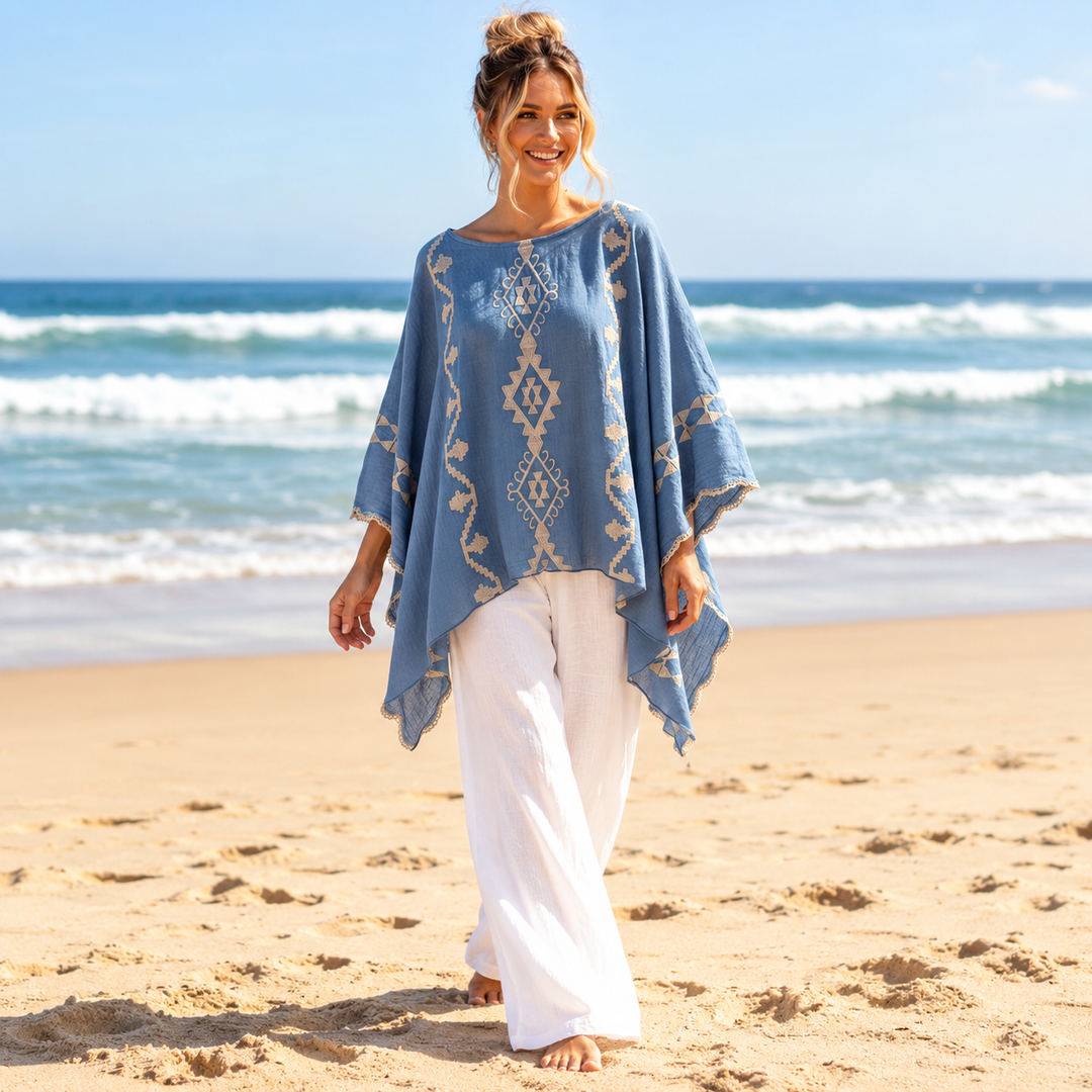 Blue Embroidered Maya Top Tunic Kaftan O/S 14-22