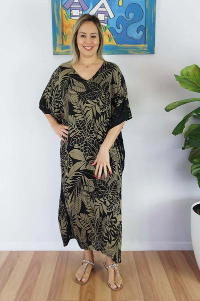 Rayon Tropical Black Beetlnut  Maya Kaftan