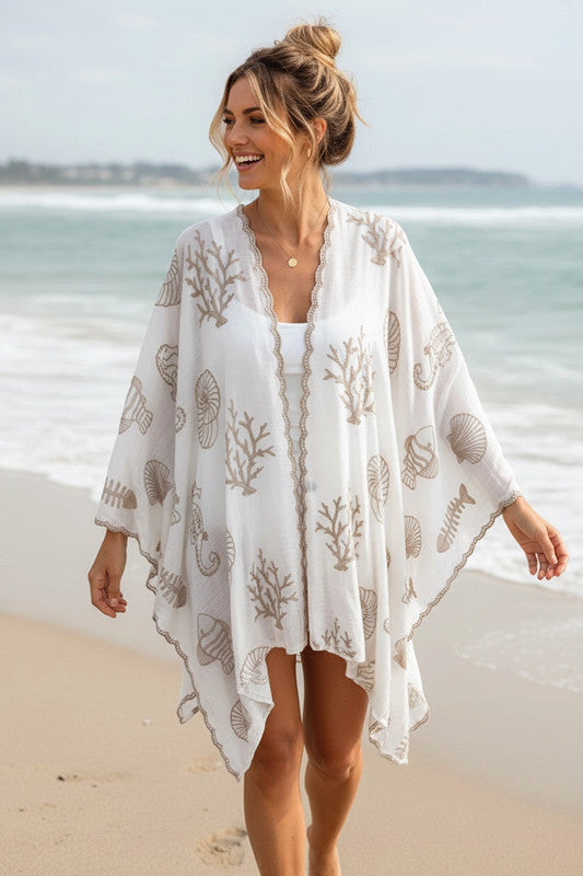 Sea Theme White Embroidered Maya Coverup Kimono O/S 14-22