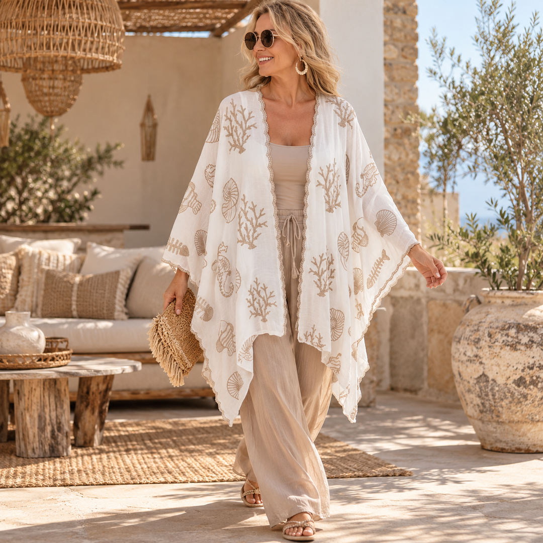 Sea Theme White Embroidered Maya Coverup Kimono O/S 14-22