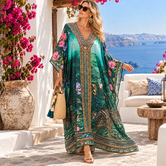 Oasis  Long Maya Mix Silk Embellished Bling Kaftan.            Sizes Available AU 12-32