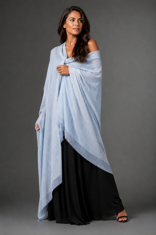 Julian Cashmere Oversized Ultralight Heavily Beaded Wedding Wrap Shawl-Ice Blue