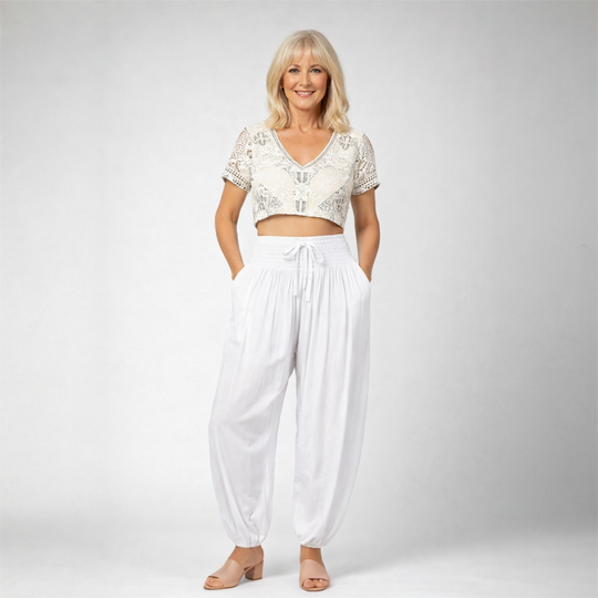 White Loose n Flowy Maya Rayon Harem Pants Australia