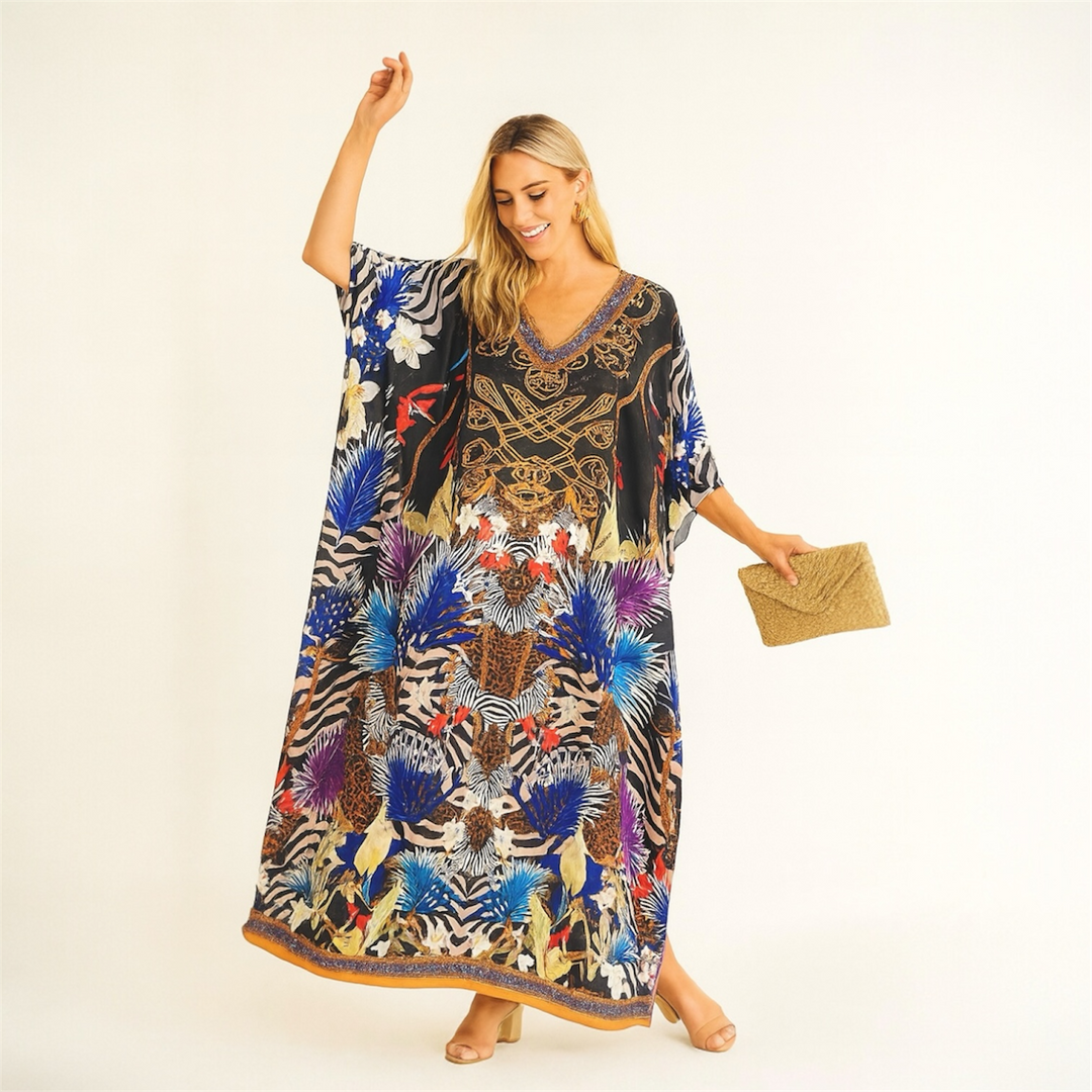 Black Royals Maya Silk Mix Bling Kaftan.         Sizes Available AU 12-32
