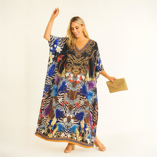 Black Royals Maya Silk Mix Bling Kaftan.         Sizes Available AU 12-32