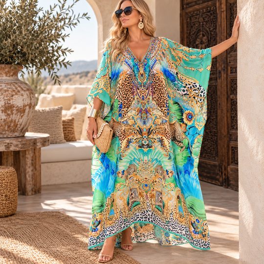 Luxe Sera Maya Mix Silk Embellished Bling Kaftan.            Sizes Available AU 12-32