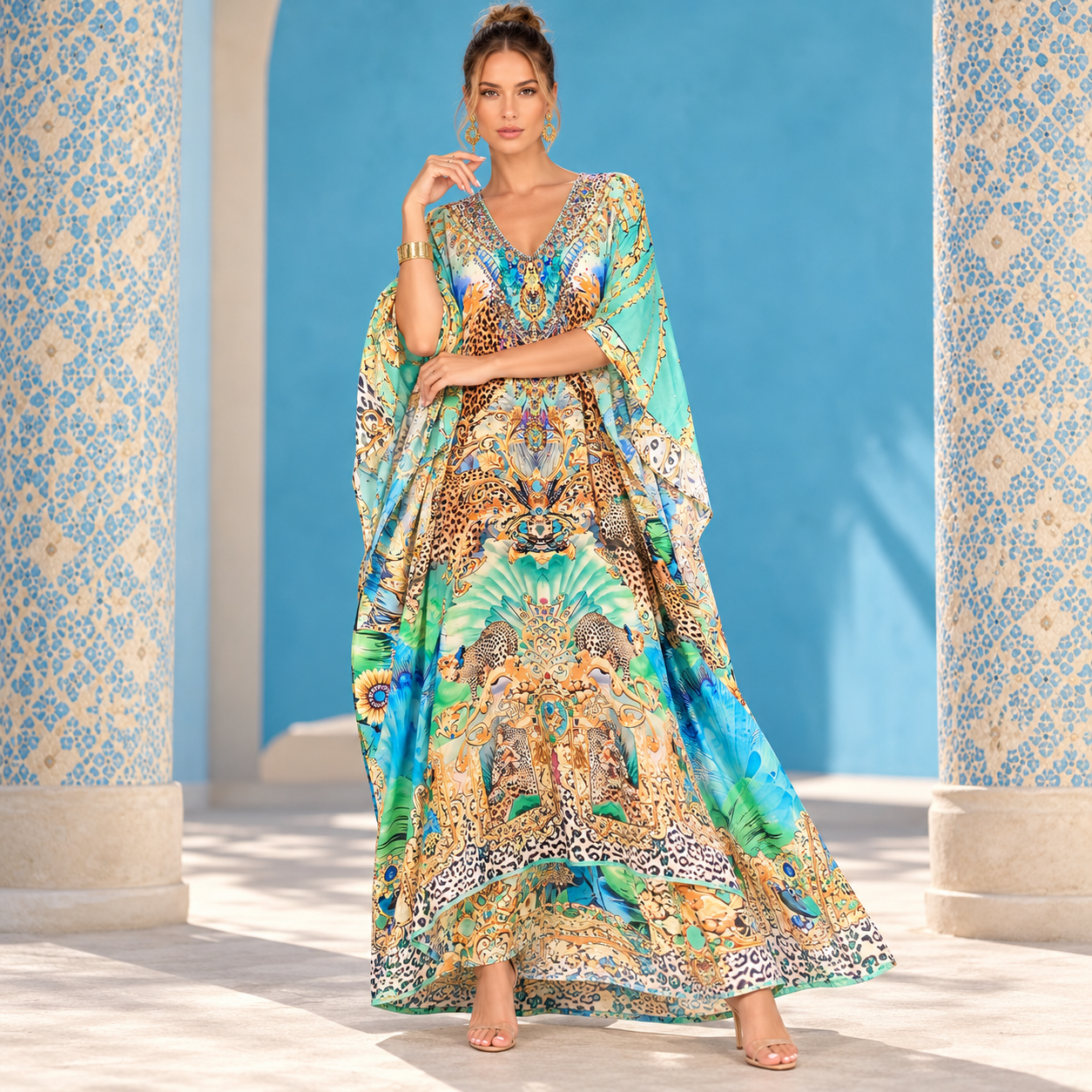 Luxe Sera Maya Mix Silk Embellished Bling Kaftan.            Sizes Available AU 12-32