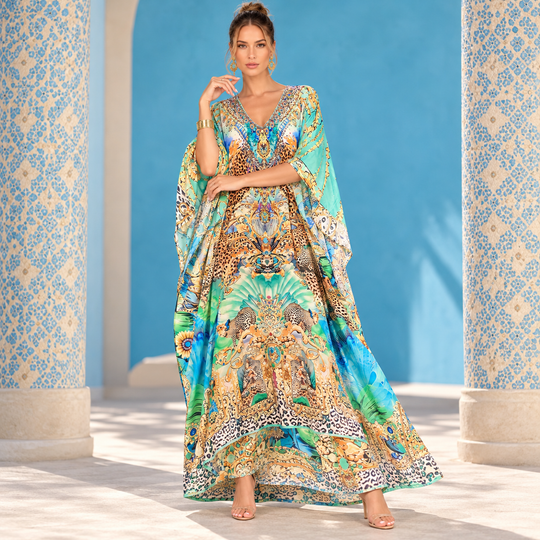 Luxe Sera Maya Mix Silk Embellished Bling Kaftan.            Sizes Available AU 12-32