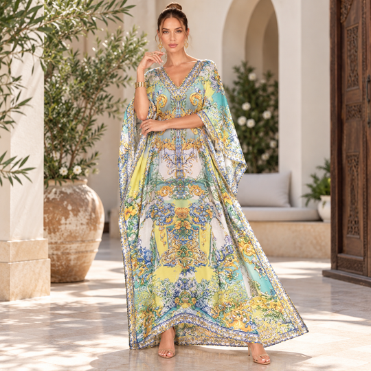 White Costa  Maya Mix Silk Embellished Bling Kaftan.            Sizes Available AU 12-32
