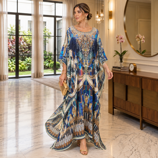 Royale Mikasa Maya Mix Silk Embellished Bling Kaftan.            Sizes Available AU 12-32