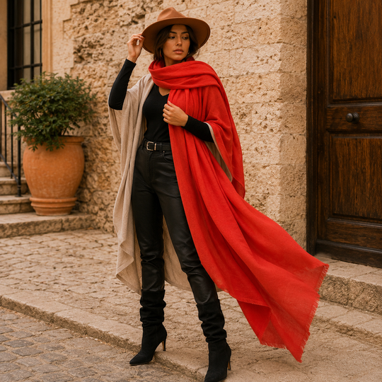 Julian Oversized handwoven pure cashmere scarf-Bright Red