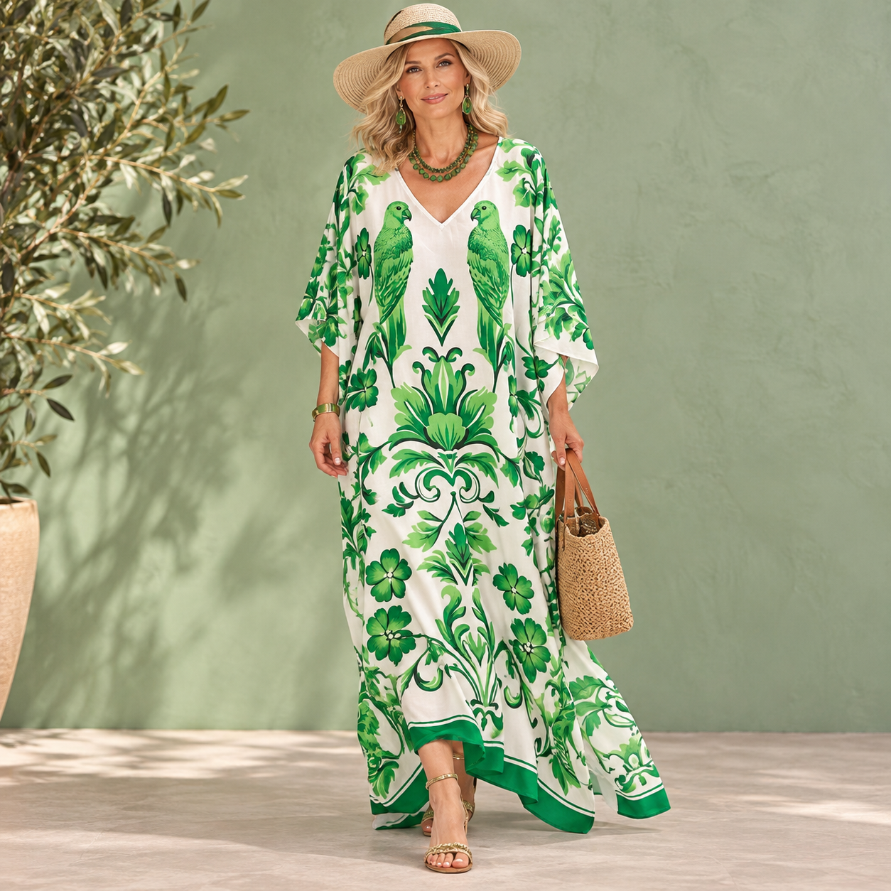 Maya Green Ochre Boho Kaftan Dress - Sizes Available AU 12-32