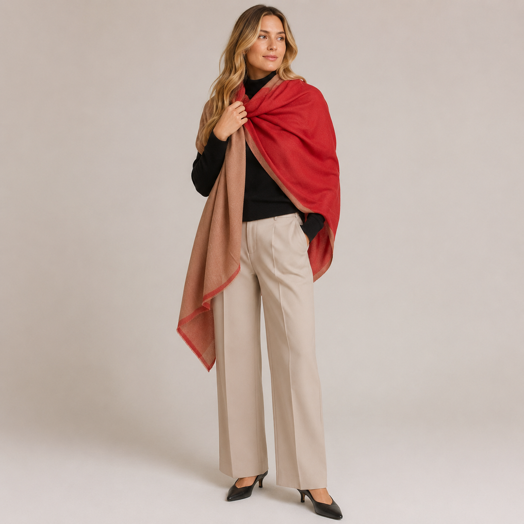 Natural & Rust Handwoven Pure Cashmere Julian Wrap Shawl.