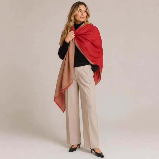 Natural & Rust Handwoven Pure Cashmere Julian Wrap Shawl.