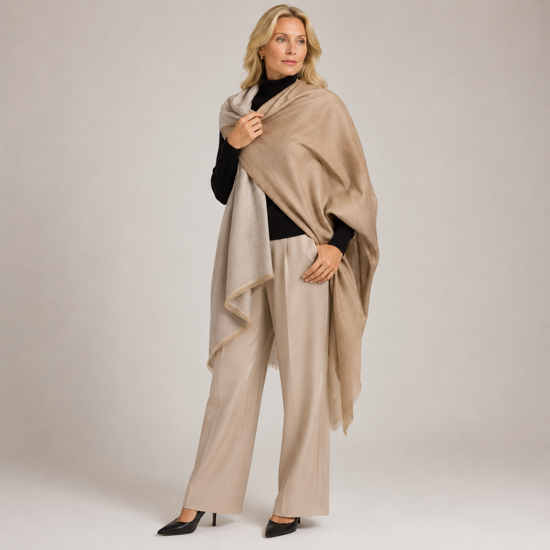 Natural & Beige Handwoven Pure Cashmere Julian Wrap Shawl.