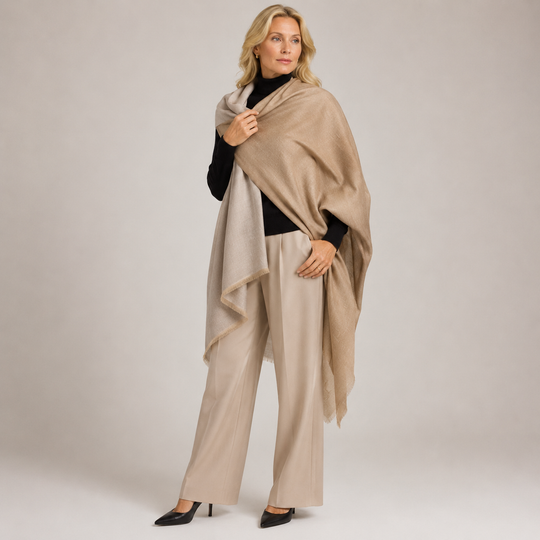 Natural & Beige Handwoven Pure Cashmere Julian Wrap Shawl.