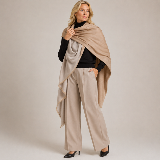 Natural & Beige Handwoven Pure Cashmere Julian Wrap Shawl.