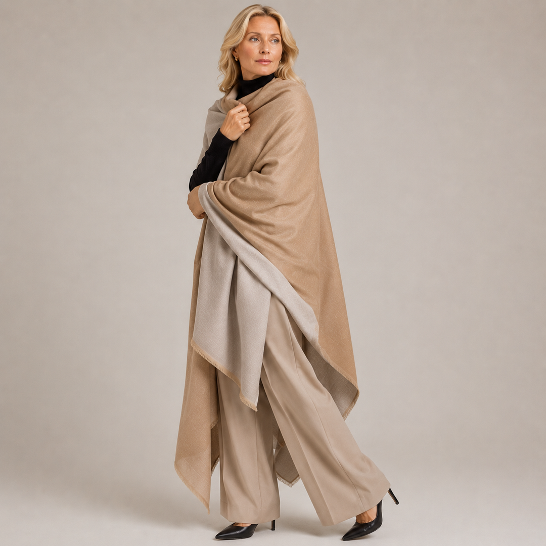 Natural & Beige Handwoven Pure Cashmere Julian Wrap Shawl.
