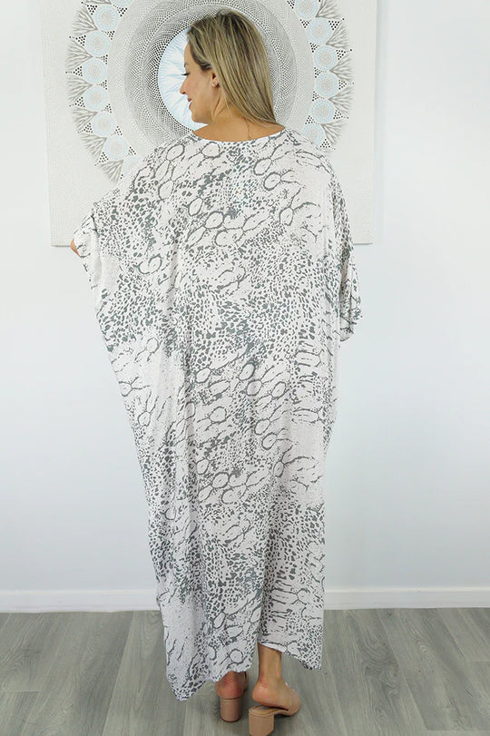White Animal Maya Long Kaftan One Size AU 12-26