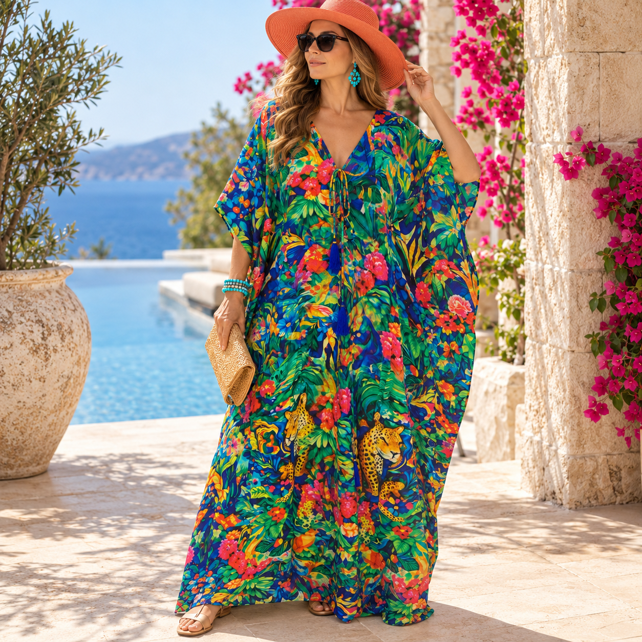 Luxe Silk Tropical Green Coco Bella Kaftan. Sizes Available AU 14-28