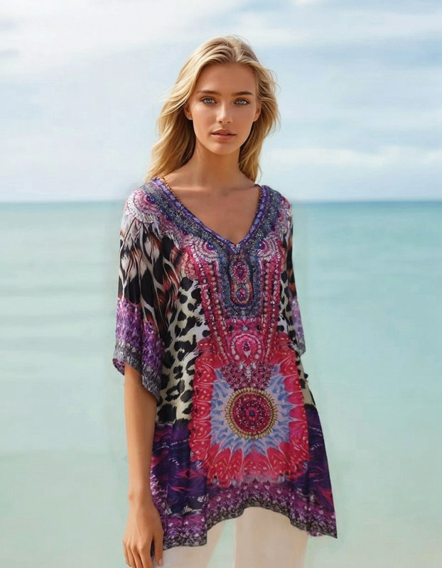 Pink Kyra Relax Fit Sheer Embellished Kaftan Top One Size 10 to 22