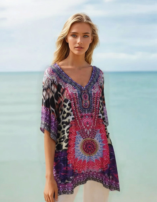 Pink Kyra Relax Fit Sheer Embellished Kaftan Top One Size 10 to 22