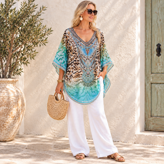 Skyies Kyra Relax Fit Sheer Embellished Kaftan Top One Size 10 to 22