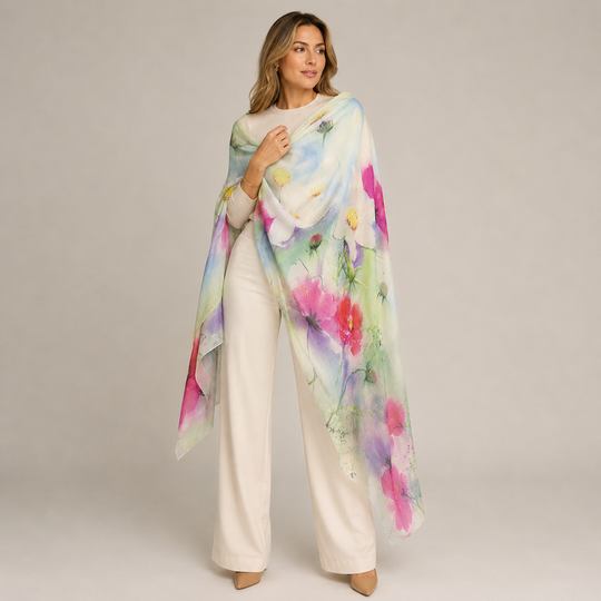 Cashmere Ultra fine Julian Scarf Lillies in My Garden