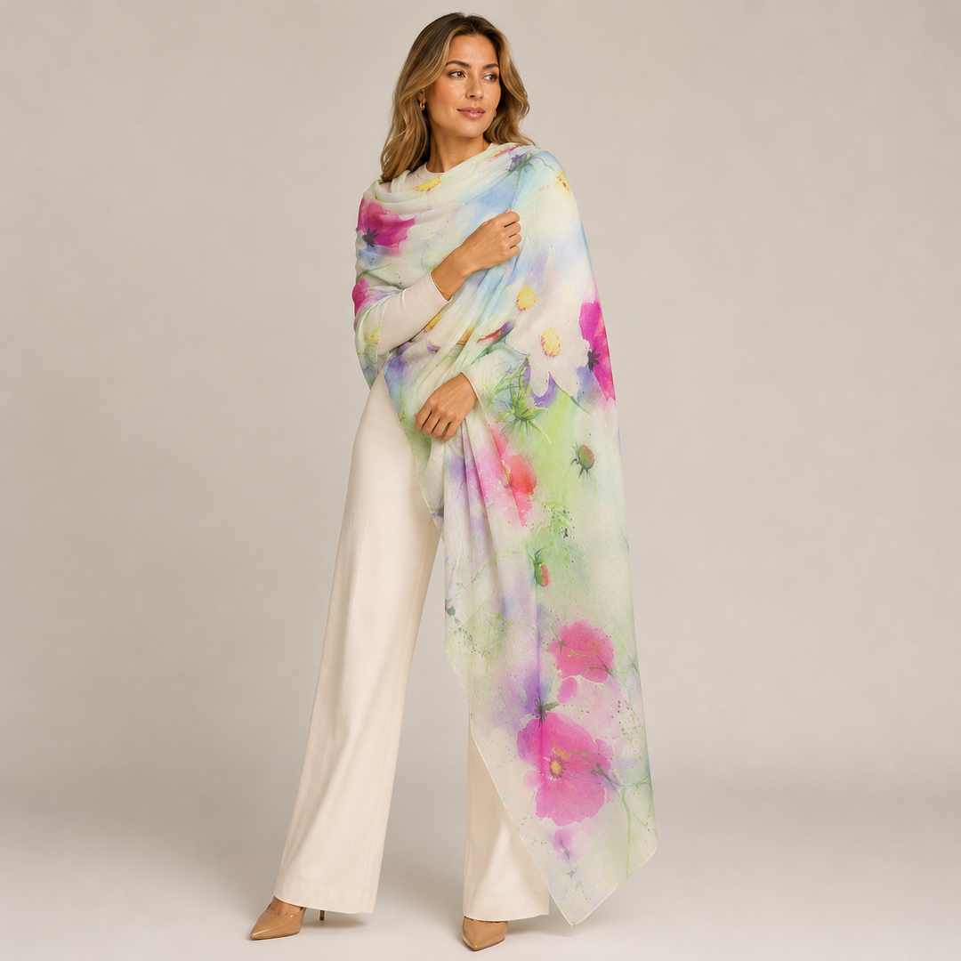 Cashmere Ultra fine Julian Scarf Lillies in My Garden