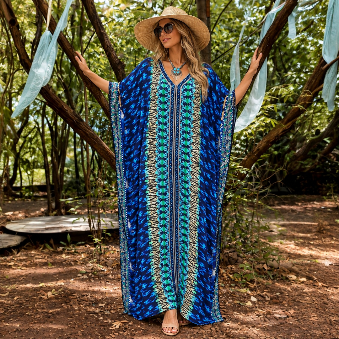Maya Blue Plus Size Breezy Tropical kaftan - Sizes -AU 24-32