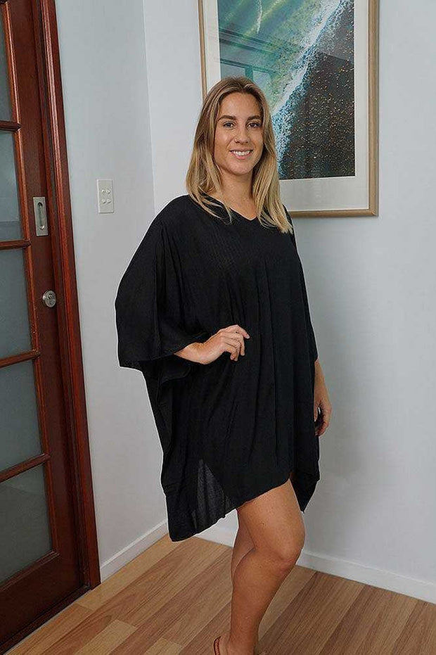 Maya Black Cotton rayon Kaftan Tunic Beach Cover up AU 10-22