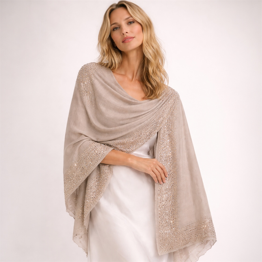 Julian Pure Cashmere Bronze Beaded Crystals Handwoven Wedding Wrap Scarf