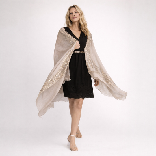 Julian Pure Cashmere Silver Beaded Crystals Handwoven Wedding Wrap Scarf