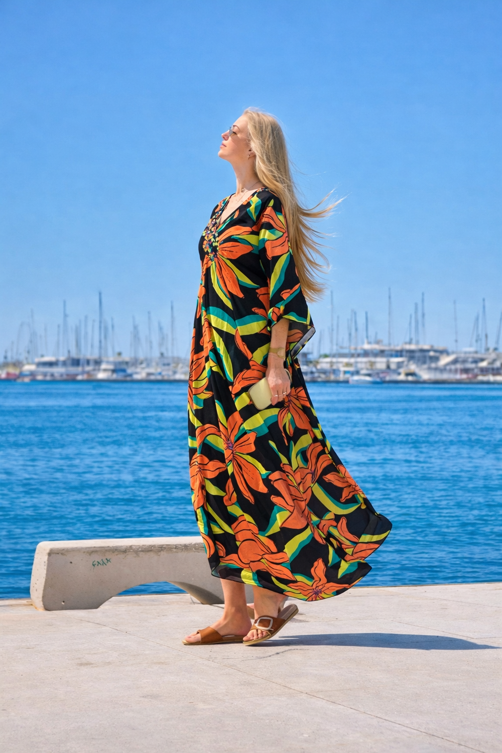 Black Tropical Resort Cotton Bamboo Maxi Dress