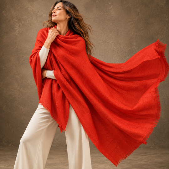 Julian Oversized handwoven pure cashmere scarf-Vermilion Red ❤️