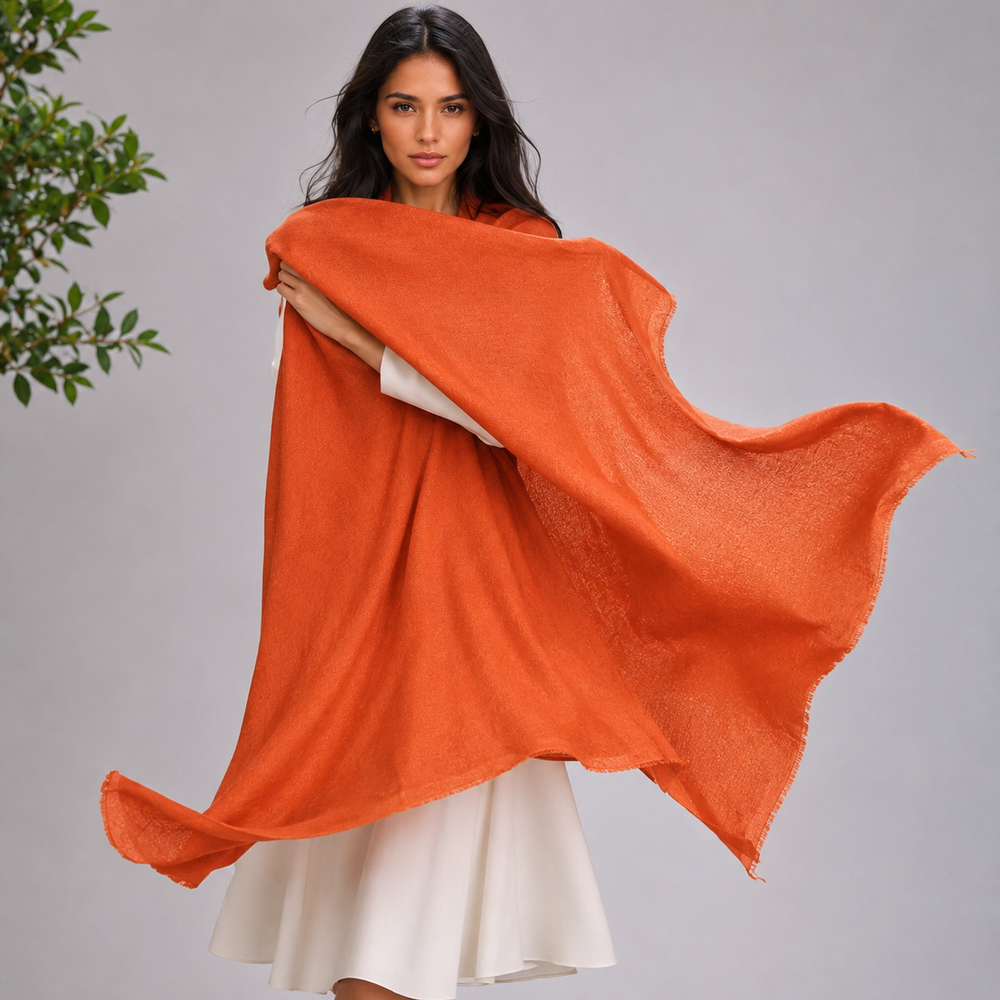 Julian Oversized handwoven pure cashmere scarf- Orange Rust