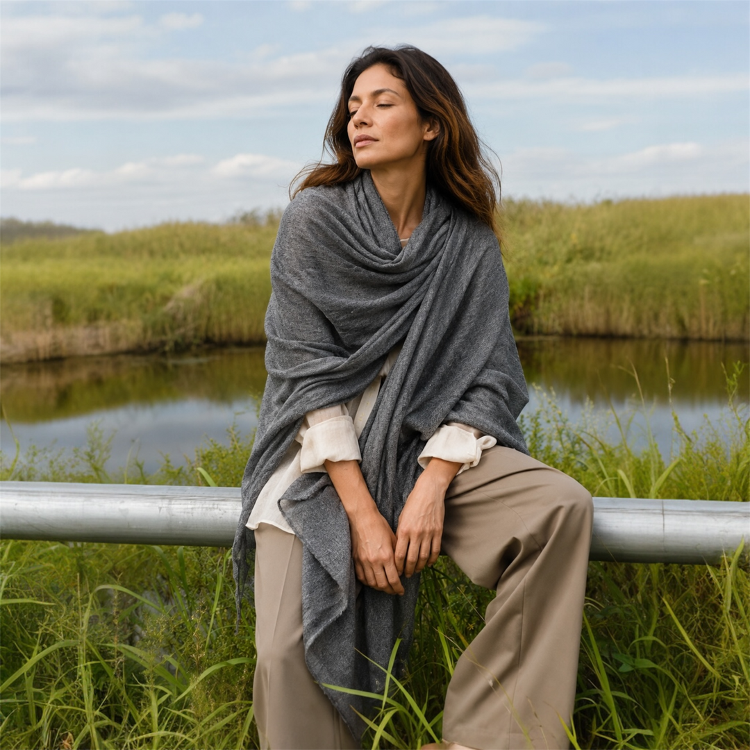 Julian Oversized handwoven pure cashmere scarf- Dark Grey