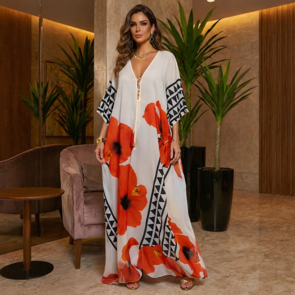 White Luxe Hibiscus Coco Bella Kaftan 12-20