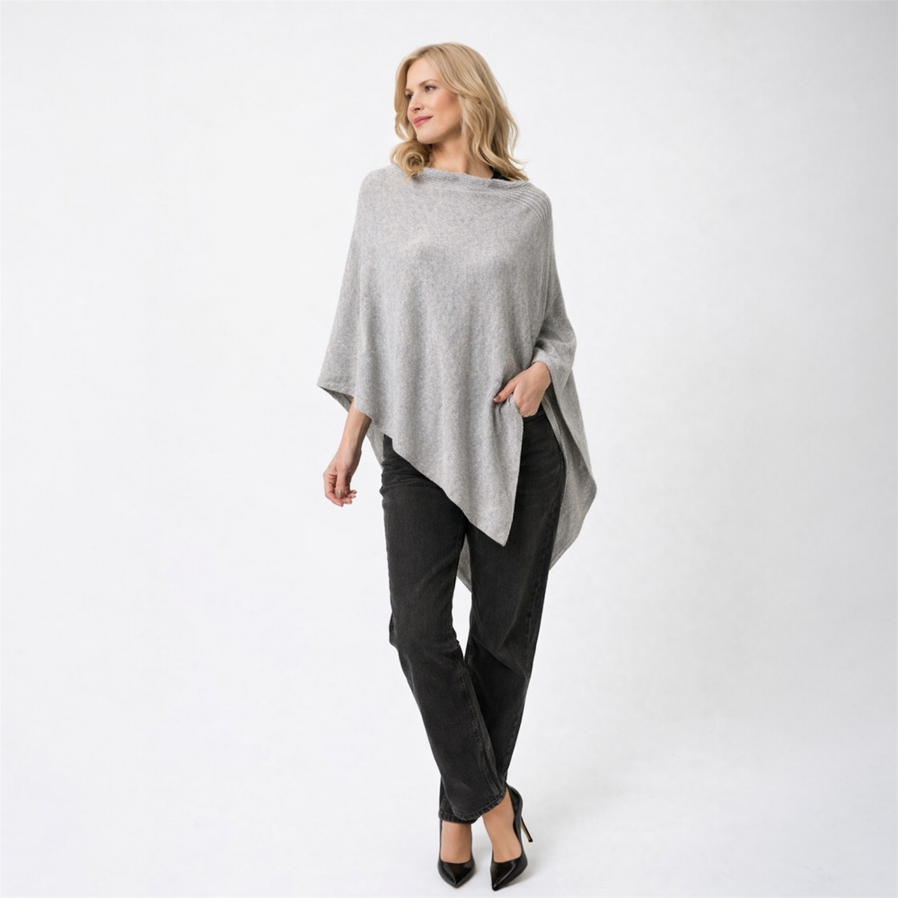 Light Grey 100% Cashmere Julian Poncho-AU 8-18