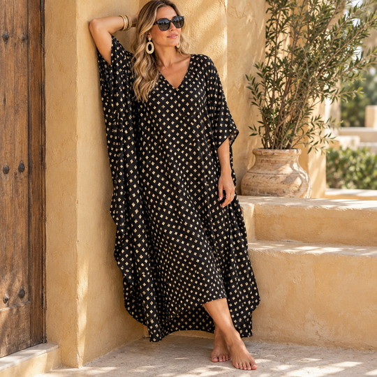 Maya Bohemian Black Cotton Rayon kaftan - Sizes Available AU 14-32