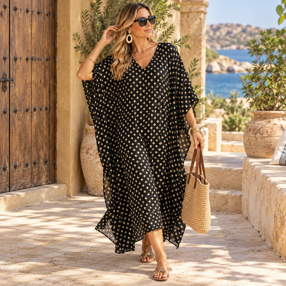 Maya Bohemian Black Cotton Rayon kaftan - Sizes Available AU 14-32