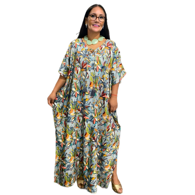 Green Fern Tropical Resort Cotton Bamboo Maxi Dress