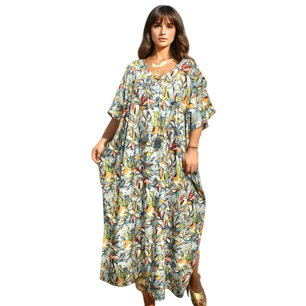 Green Fern Tropical Resort Cotton Bamboo Maxi Dress