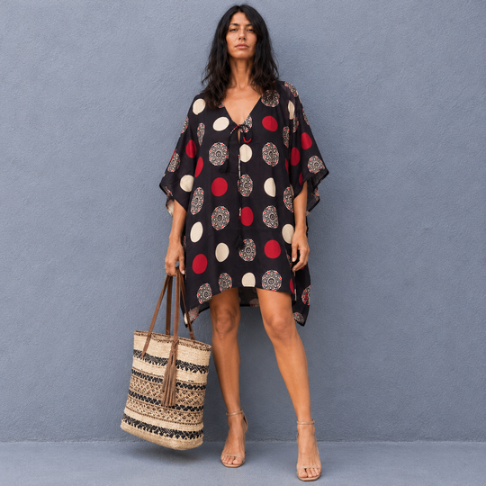 Black 100% Cotton Maya Top Tunic Kaftan With Front Tie - O/S 14-26