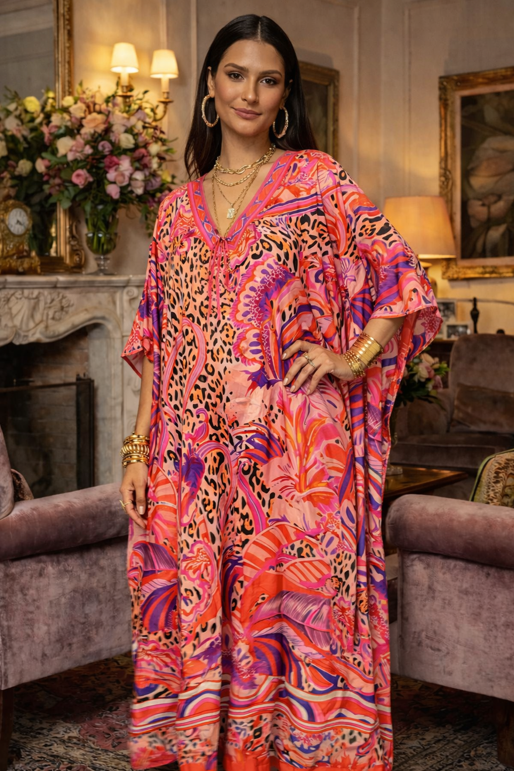 Mia Silk Mix Bling Kaftan O/S AU 12-20