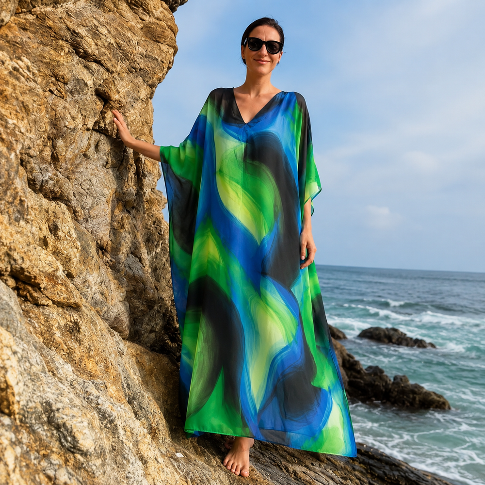 Maya Green Black Swirl Tropical Kaftan Dress - Sizes Available AU 12-32